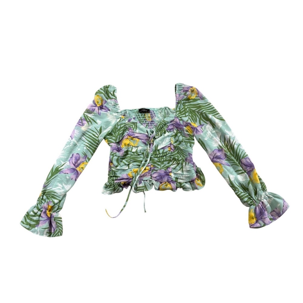 Milk & Honey Floral Ruched Crop‎ Top Green Tropical Summer Peasant Vacation M